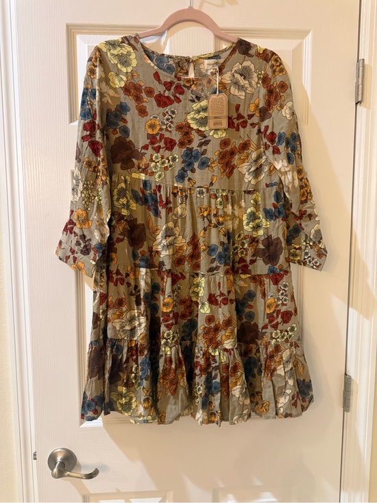 NATURAL LIFE Dresses & Skirts - NATURAL LIFE Floral Tiered Dress in Olive with Yellow, Blue & Rust Flowers